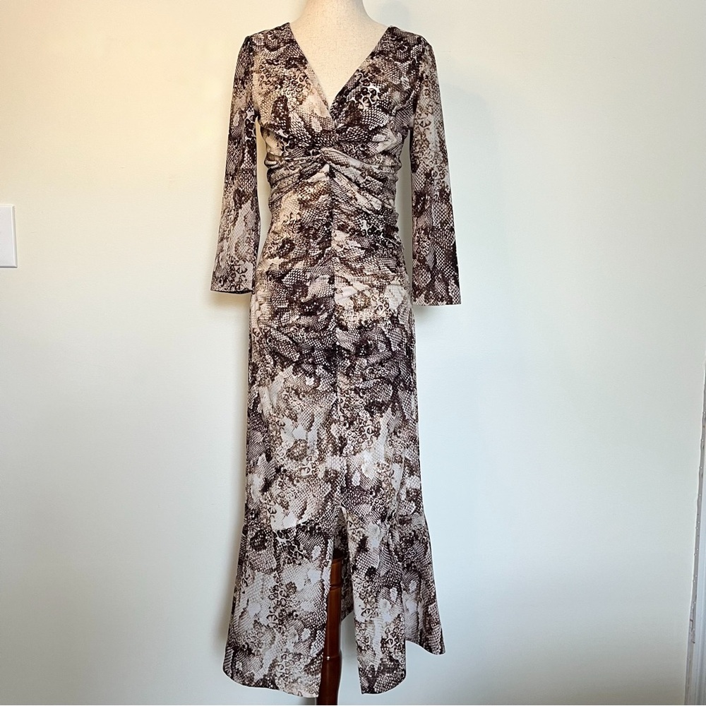 Guess Snake Print Ruched Long Sleeve Maxi Dress Size 2